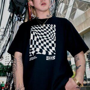 NWT IKEA Sukhumvit Exclusive "Urban Mess" Checks Black T-SHIRT Size S/M & L/XL